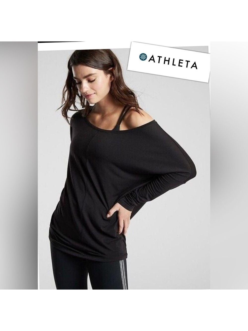 ATHLETA Essence Flow XS Black Boat Neck Buttery Soft Yoga Top UPF 50, QuickDry
